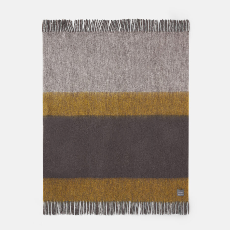 A luxurious fully unfolded mustard & charcoal stripe pattern Mohair plaid on a white backdrop.