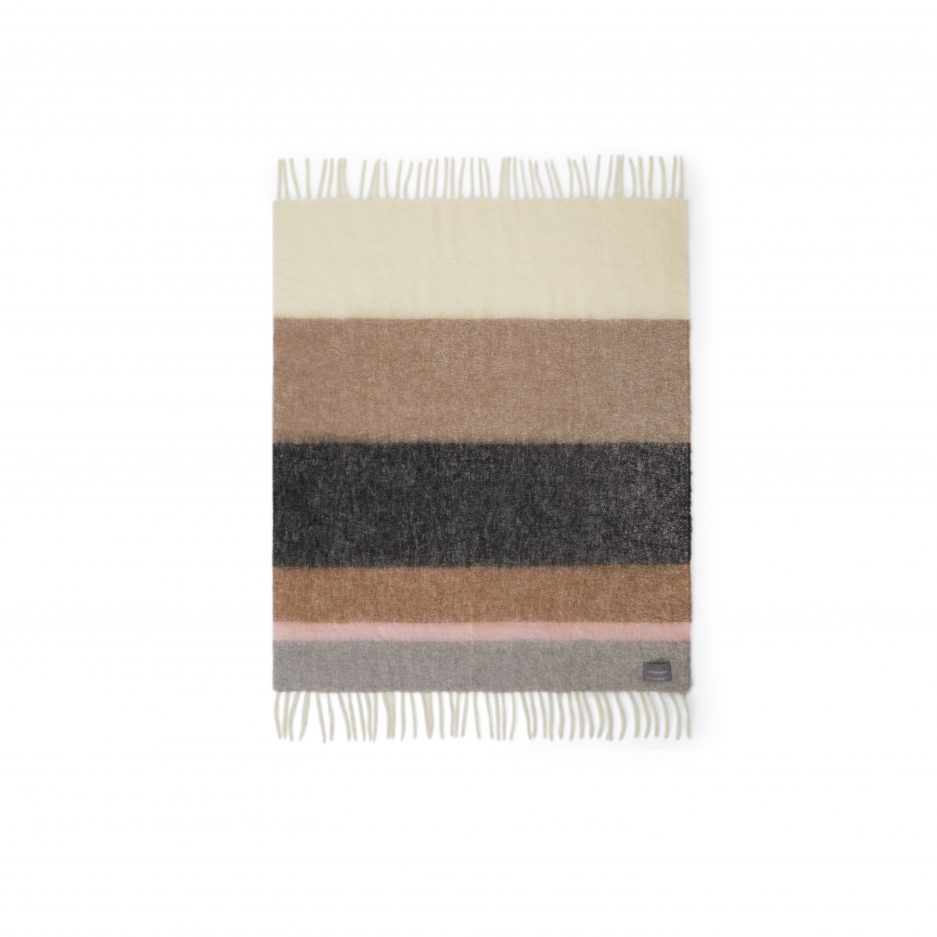 A luxurious fully unfolded stripe brown, black and rose Mohair plaid on a white backdrop.