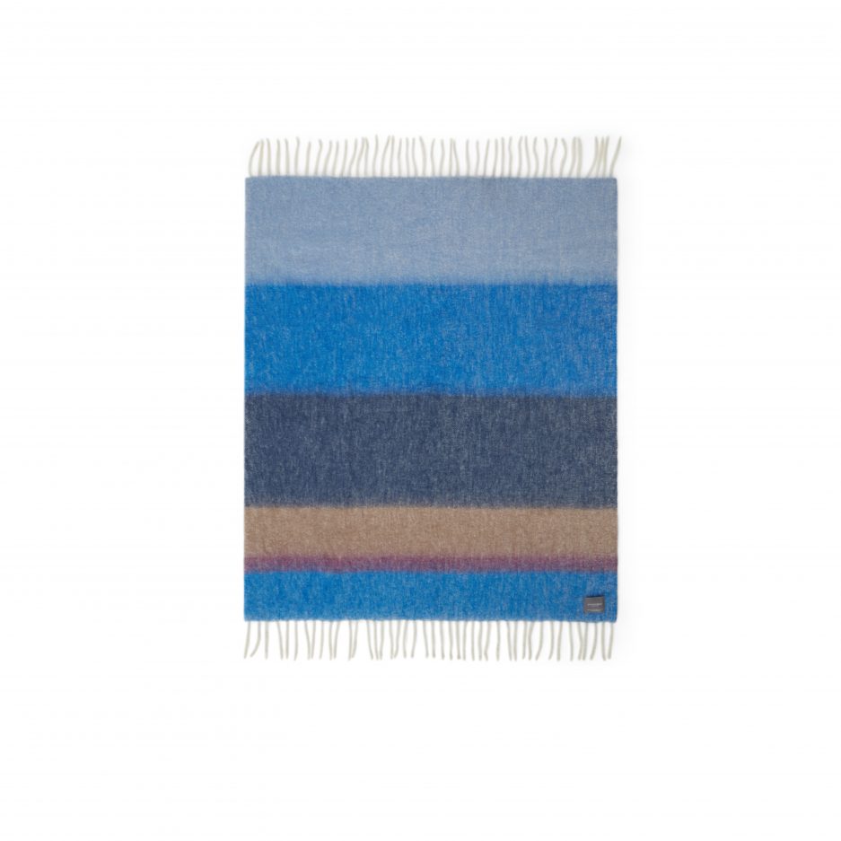 A luxurious fully unfolded stripe blue, azur and camel Mohair plaid on a white backdrop.