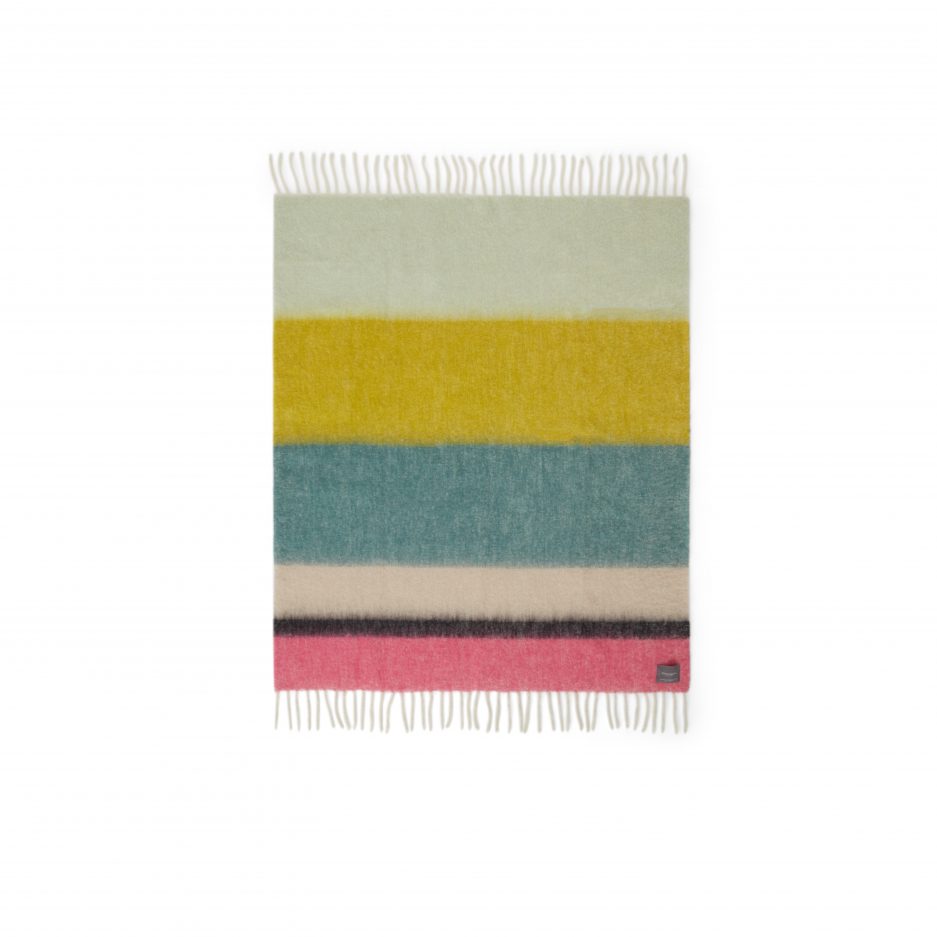 A luxurious fully unfolded stripe mint, yellow and pink Mohair plaid on a white backdrop.