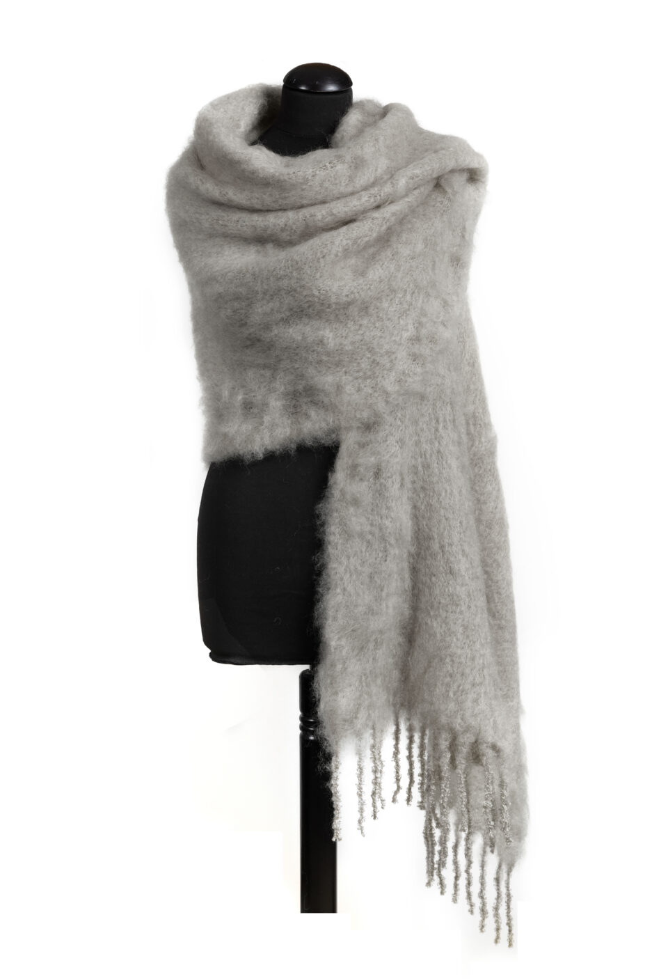 A luxurious stola scarf/ mohair plaid in army green on a white backdrop.