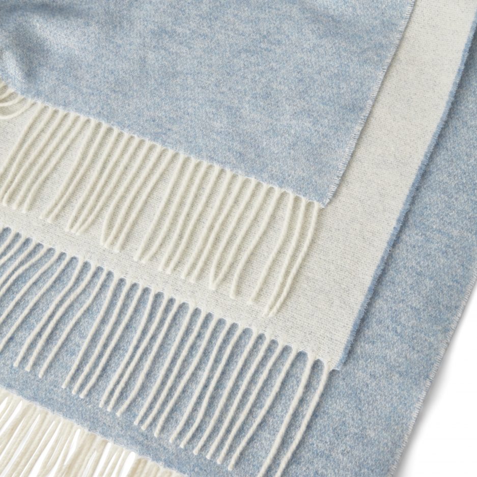 Close-up of a luxurious Merino & Cashmere two tone light blue plaid on a white backdrop.