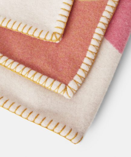 Close-up on a luxurious Modulo Ocra, Pink & Yellow wool plaid Designed with Rosehof Art Factory on a white backdrop.