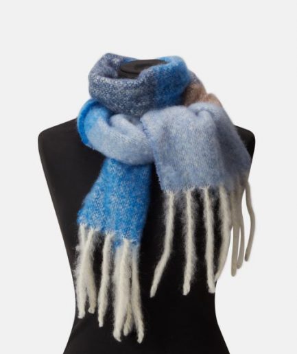 A luxurious colorful stripe scarf/ mohair plaid in blue, azur and camel on a white backdrop.