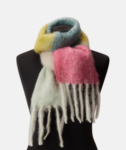 A luxurious colorful stripe scarf/ mohair plaid in mint, yellow and pink on a white backdrop.